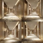 **A luxurious hotel corridor bright tones of beige showing the doors design, the room numbers design nice subtle lighting and indirect light with a carpet either plsin or minimalistically designed ; the whole mood to be very minimalistic and contemporary, you can use dome metal perforated screens or eibbed eood cladding in one of your options** - Variations (Strong) by <@1140648887623876708> (fast)
