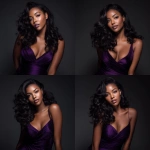 **Stunning Black African American woman with deep, rich dark skin, wearing a form-fitting purple gown. Her hair is long, silky, jet-black with a neat middle part, styled in soft, voluminous curls that frame her face similar to glamorous blowout curls. Full lips, long lashes, soft natural glam makeup, radiant skin. She leans forward slightly in a confident, feminine pose. Background is a sleek black gradient studio backdrop with subtle flash-photography highlights. High-fashion editorial lighting, ultra-realistic detail, smooth textures, luxury beauty aesthetic, 4k, portrait orientation. --v 7.0** - Variations (Strong) by <@1344017073965240440> (fast)