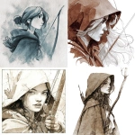 **a discreet archer woodgirl with a cape, face view, detailed watercolor illustration in a monochronolithic way --v 7.0** - <@613379038773248000> (fast)