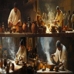 **servant mixing galena powder with oils in a small bowl; clay jars of aromatic oils on table; indoor egypt setting; warm torchlight; realistic historical painting --ar 16:9 --v 6.1** - <@1168965155363762248> (fast)
