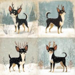 **A black, tan and white Chihuahua (from the reference image) illustrated in a retro mid-century Christmas style, depicted as a young reindeer with antlers in a snowy winter scene. Soft vintage textures, hand-painted look, nostalgic holiday aesthetic, classic 1950s Christmas card illustration style** - <@776899577458589780> (fast)