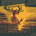 **a cartoonish red-skinned, boho-style reindeer with large, exaggerated teeth and antlers, grinning at the camera while making peace signs inside an underground market where stalls overflow with croissants, pain au chocolat, and golden flaky pastries, background glowing in warm buttery yellow hues, the reindeer’s skin rendered with detailed textured layers reminiscent of pastry crust, in the style of robert crumb, viennoiserie aesthetic --ar 85:128 --v 7.0 --p mwpi95x** - Image #4 <@451473582770618389>