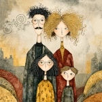 **whimsical photorealistic illustration of a fathers d mother with their girl and boy, father has black hair and a moustache, he’s wearing glasses, mother has curly blonde hair and she’s wearing glasses girl has dark brown hair and she’s wearing glasses, son has brown hair and is a little older and taller than the young girl --v 7.0 --p b3kgthr --s 750** - Image #2 <@520759084903956481>