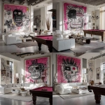 **create an all white studio, white couch, white pool table with a massive art piece on the wall, hot pink, black and white, some crazy charcoal lines, bears basquiat, big face, luxurions** - Variations (Strong) by <@1240395747078307862> (fast)