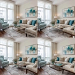 **interior design of a model unit showing the living area in french country style. walnut wood floor. light brown 3-seater sofa. teal, light blue and beige throw pillows. french provincial lounge chairs. sheer white curtains. artwork with teal still life painting, modern gray area rug, abstract painting in teal and white, light rustic brown wood --v 7.0** - Variations (Region) by <@1231814052913877045> (fast)