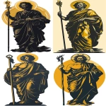 **Logo of the San Judas Saint Jude Thaddeus, vector-style logo with gold and black colors on a white background. Saint John holding his staff in one hand and a halo over his head in the other, a full-body portrait of San Judas Saint Jude Thaddeus with arms crossed. Clip art sticker style, simple line drawing, no shadows, clear outline, simple details, high contrast, vector design, flat color, high resolution, high definition. --ar 63:128 --v 6.0 --s 250** - <@756269320539209761> (fast)