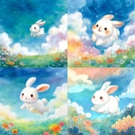 **A colorful and bright fairytale-style illustration, a large cute white rabbit smiling and hopping in the center, background with blue sky and fluffy clouds, green meadow with blooming flowers at the bottom, soft watercolor texture, gentle line art, cheerful and warm, in the style of a Japanese children's picture book cover, square format, suitable for a music album jacket** - <@1212945075831836692> (relaxed)