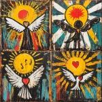 **Music graphic design block print with crayon / brushstrokes. Depicting an image of angel love, sun shining down. The overall style is very abstract and minimalist tribal with a lot of energy --v 6.1** - Variations (Strong) by <@1175766308323864687> (fast, stealth)