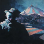 **a clown with no eyes barely visible in a very dark black shadow covering his left side in the foreground on the front left side of the painting, there is a full sized weird carnival in the background on the right side, dynamic angle, painting, --ar 8:11** - Image #4 <@1035886146422583346>