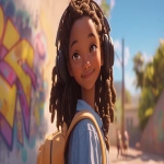 **a medium shot of a realistic illustrated happy 7-year-old African American female student from America, they have a well-defined nose and a well-defined jawline, they have brown eyes and long dreadlocks, they stand with their head and neck and shoulders completely square to the camera and facing forward, their entire body is facing forward, they wear a backpack, they have large headphones on their head, they stand in front of a white wall with bright graffiti art spray painted on it, it is daytime, the sun is shining bright, high-definition, anime-style, --ar 16:9 --niji 6** - Image #4 <@1065025086664474674>