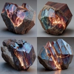 **a Primordial Geode Element existing in the nagssugtoqidian orogeny Epoch. The design follows a Primordial Brutalism aesthetic with a Irregular polyhedral mass shape. The element includes distinct sections such as the Crystalline Core, which has a pulsating nexus of compressed telluric energy, appearing as layered, iridescent crystal formations design and constructed from materials including Compressed Telluric Ore, Infused Mantle Plasma, and Crystallized Tectonic Stress. Specific features for this part include emits low, resonant hum, shifts subtly in hue with seismic activity, and radiates faint warmth. The color scheme features a Deep Earth Brown primary color, a Vein Gold secondary color, and Luminescent Amber highlights. Surface details show rough, unworked exterior of dark, fractured rock, contrasting with the smooth, polished facets of the exposed crystalline core. Overall unique features include acts as a localized gravitational anchor and subtly influences geological stability. The element interacts with its environment by visually shimmering with internal light, functionally stabilizing local ley lines. --ar 7:3 --seed 502 --stylize 1000 --v 7.0** - <@230763620764614656> (fast, stealth)