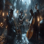 **Rats in suits and fedoras playing Jazz on vintage instruments in a dimly lit sewer, surrounded by mist and flickering lanterns; in the style with bold geometric shapes and expressive lines, blended with the cinematic noir and the moody atmospheric lighting, in stunning 32k resolution. Harlem Renaissance. --ar 16:9 --v 6.1 --p ullrsjz** - Image #2 <@935178814189862912>