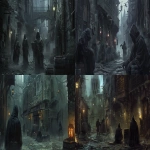 **a group of hooded skaa rebels crouched behind broken barrels in a narrow alley, black ash drifting from the sky, facing a soot-streaked warehouse with barred windows and flickering oil lamps, a guard pacing near a tall iron gate holding a swaying lantern, shadows stretch across the cracked cobblestones, heavy mist pooling at ground level, grimdark fantasy, cinematic lighting, mistborn inspired, oil painting style --ar 16:9 --v 6.0 --raw** - <@398622100233125890> (fast)
