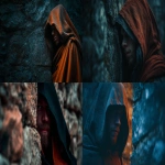 **cinematic image movie scene of a man in a fantasy cloak hiding behind a stone wall, dark blues and orange --ar 16:9** - <@472489791414337556> (relaxed)