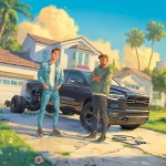 **viennoiserie Clean Southern suburban driveway, ultramodern broken electric truck being towed, two young men in casual clothes look frustrated, in the background a stylish Southern mom in fitted jeans and boots confidently caresses her Ram 1500, golden sunlight, humorous but cinematic realistic for a super bowl** - Image #3 <@948261589537148948>