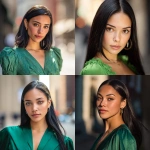 **headshot of a beautiful young woman with straight black hair, wearing a green dress, with a light brown skin tone and hazel eyes, in a city setting, captured through professional photography with natural lighting, trending on instagram.** - <@1176528279734329450> (fast)