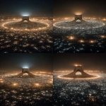 **A breathtaking cinematic night scene in Tehran. A massive, peaceful crowd surrounds the Azadi Tower in complete darkness. Thousands of people hold up their phones, creating a sea of warm white lights forming a perfect circle around the monument. The Azadi Tower stands in the center, monumental, softly illuminated, calm and timeless. No faces visible, only silhouettes unity over individuality. Atmosphere is silent, emotional, sacred, and powerful. Subtle mist in the air, deep shadows, dramatic contrast. Ultra-realistic photography, cinematic lighting, long exposure look, high detail. Shot from a high aerial perspective, epic scale. Mood: hope, resilience, quiet strength, goosebumps. --ar 9:16** - Variations (Strong) by <@1243161661557309564> (fast)