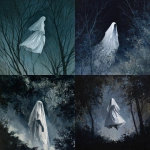 **phantom woman with a white vaporous dress , covered with a veil, floating between the trees melancolic, scary, sad, gouache painting** - <@1282363709964025901> (fast)