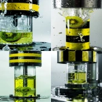 **Closeup of a iconic ASMR hydraulic press (cylinder) with its iconic black and yellow stripes is slowly crushing a glass kiwi filled with green liquid, standing on a cylinder metall surface, clean minimalistic white studio background setting, bright, sterile lighting, reflections on the polished metal and crystal facets, beautiful destruction, high resolution --ar 9:16 --v 6.0** - <@672875703666081795> (relaxed)