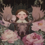 **a girl named Dorothy garland with a mahogany moose head in front a large flower, in the style of detailed portraiture, otherworldly illustrations, wizard of Oz, geometric aesthetics, the stars art group (xing xing), haunting portraits, painted illustrations --ar 74:105 --p 248jcws --s 50 --v 7.0** - Image #4 <@1007106543935823902>