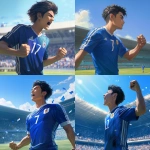 **Young Japanese male soccer player standing boldly on a green soccer field, wearing a plain solid blue soccer jersey with a single white back number, no logos or brands, clenching his fist with determination, modern stadium filled with cheering fans, bright natural daylight between morning and noon shining on the field, dynamic wind gently moving his hair and jersey, intense and brave expression on his face, cinematic atmosphere, realistic style, wide shot, no goalposts, no teammates, focus on the player’s strong stance and confident gaze --niji 6** - <@1212945075831836692> (relaxed)