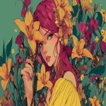 **An illustration with intense tones of a spring's goddess in 3/4 view holding a butterfly in her hand and wearing a lily in her hair, in colorfull and anime style. --ar 16:9 --v 7.0** - Image #1 <@1068240844349509652>