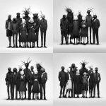 **A vintage anime-style full-body black-and-white illustration. A group of creepy abstract non-human creatures posing for a group photo, concept art, futuristic. --v 7.0** - Variations (Strong) by <@852041915598635039> (fast)