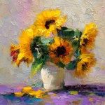 **paint impressionist with oil color and big brush strokes a vase with full of big sunflowers , light abstract back ground** - Image #2 <@1133089372963602452>