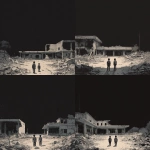 **An evocative and minimalist digital artwork, medium shot, rendered in a dark, monochromatic style consistent with previous designs. The composition prominently features a partially destroyed school building, with distinct architectural elements like classrooms, visible blackboards or educational posters, and perhaps a damaged school sign or playground equipment clearly identifiable in the background. In the foreground, two young, silhouetted figures, seen from behind, navigate through scattered rubble and debris, implying their presence within the converted shelter. The sky above is a uniform dark tone, emphasizing the bleakness of the scene. The figures appear small and vulnerable against the backdrop of the ruined educational institution, highlighting the profound impact of conflict on children and the repurposing of vital community spaces. The overall mood is somber and reflective, conveying the disruption of learning and the precariousness of refuge, presented with a stark and uncluttered visual approach** - Variations (Strong) by <@1032195406119043132> (fast)