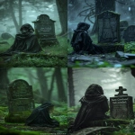 **Dark, moody fantasy scene in a misty rain-soaked forest graveyard, cinematic lighting, sorrowful atmosphere, heavy rainfall falling softly, muted green tones, blurred trees in the background. A weathered gravestone covered in moss clearly carved with "Sam Cortland, beloved" as a nameplate. In front of it, a woman kneels with her back turned, facing slightly to the left toward the gravestone. She is completely covered in a large textured black cloak with the hood up, the cloak pooling around her on the ground and covering her feet and hands, medieval and realistic fabric, not shiny. No face, no hands, no feet visible only faint wisps of blonde hair slipping out from the side of the hood. Dark and gloomy cinematic atmosphere, painterly realism, emotional and atmospheric sorrowful vibe. cartoon, anime, 3D render, CGI, illustration, painting, doll-like, plastic skin, glowing eyes, bright colors, modern clothing, rain jackets, armor, weapons, visible face, visible hands, visible feet, distorted gravestone text, oversaturated, cheerful tone --ar 2:3 --v 6.0 --raw** - <@1244098075421708410> (relaxed)
-# Create, explore, and organize on [midjourney.com](<https://midjourney.com/imagine?from_discord=1>)