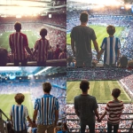 **father and son holding hands in a football stadium, both wearing striped team shirts, they are far from the photo, fans in the background, the photo was taken from above, panoramic angle from above** - <@450124934837043201> (fast)