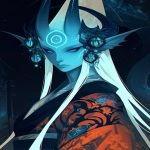 **A vibrant anthropomorphic scyphozoa princess, she is wearing a intricate kimono featuring elemental water, she has a royal brooch in her hair, pale blue translucent skin, graphic novel cover, line art style, tentacle and seashell aesthetics, jelly nucleus, dark background, Kawacy, Tetsuya Nomura, Peter Mohrbacher --p 552yful --ar 2:3 --niji 6** - Image #3 <@348134085279088651>