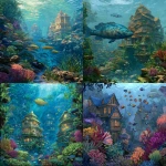 **under water aquatic blue civilization, large predator and prey fish swimming background, in a colorful coral reef theme, fairy like structured homes with lots of green seaweed gardens surrounding** - <@1182158818818400348> (fast)