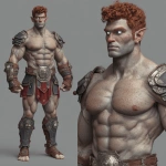 **Character design sheet. Realistic 3d rendering. Character design sheet of a ruggedly handsome, Hyper muscular handsome half orc, bodybuilder, bright silver eyes, short curly red Mohawk, short pointed ears, defined muscles, Huge leg muscles, huge pectoral muscles, big arm muscles, vascular hyper muscular, wide Grecian nose, strong square jaw, defined cheek bones, masculine features, freckles, Bodybuilder, short pointed ears, wearing Roman gladiator armor. --v 7.0** - Image #4 <@1222981214734913607>