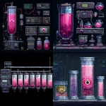 **pixel art spritesheet of high tech lab for a side scrolling game, pink embreo of baby beholder monster in water glass tube --v 7.0** - <@758874491680981014> (fast)