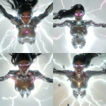 **<https://s.mj.run/YaQlSNDfcaA> a futuristic woman floating high in the air, full body visible from head to toe including stomach and thighs, seen from below as she ascends upward like a divine being, head tilted slightly up toward the light, wearing a sleek metallic chrome biomechanical bodysuit with visible joints, cables, and glowing circuits, elegant feminine curves, keeping the exact same human face, hair, and hairstyle as the reference image, eyes glowing pure white like laser light without pupils, surrounded by a storm of bright electric lightning bolts and radiant energy, pure white background glowing with divine light reflections, cinematic lighting, ultra realistic 8k, wide angle shot composition --cref <https://s.mj.run/YaQlSNDfcaA> --v 6.0 --iw 2 --cw 10 --raw** - <@1277955868452851795> (fast)