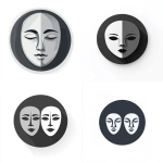 **vector icon, classic dual theater masks design, representing intuition and clarity, clean circle layout, minimalist sacred geometry, grey, white background, clarity and alignment, OS design aesthetic --v 6.1** - <@1101835891716133034> (fast)