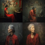 **Oil painting, moody lighting, prominent brush strokes, elderly grey haired Chinese woman dressed in a tattered and dirty red Qun Kwa wedding dress, Zhang Xiaogang's style, Painting on wall, family photographs, gazing into a dirty mirror in a dingy apartment, by Zhang Jingna, , melancholic atmosphere, tattered, tall and skinny robot companion, laptop computer --ar 5:4 --v 7.0 --no star wars characters --chaos 3** - <@988364629556199494> (fast)