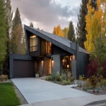**front driveway view of a soft modern house with sloped metal roof --ar 16:9** - Image #3 <@409035117881982988>