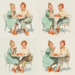 **Vector. Realistic style. Two adult girls sitting at a round table with a cup of tea and a plate of apples, the first with light blond hair tied in a low bun, in a mint dress and orange shoes, holding a hot cup of tea, the second with loose reddish hair, in a light sweater and pants; semi-realistic faces they smile, an atmosphere of lightness, sincerity and friendly warmth without background --s 150 --q 4 --v 7.0** - Variations (Strong) by <@1391726384128200735> (fast)
-# Create, explore, and organize on [midjourney.com](<https://midjourney.com/imagine?from_discord=1>)