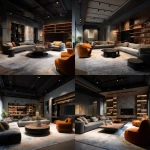 **<https://s.mj.run/UgNjmtqOs1I> as a backstage lounge, couch, armchair, coffee table, shelves, armchair, tv unit, modern, bold, sleek** - Variations (Strong) by <@1042869441119137813> (fast)