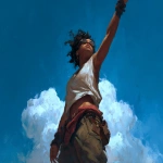 **low angle camera view, a character illustration, a black young muscular woman, she is looking to the sky and trying to reach out the clouds, craig mullins style --ar 4:3** - Image #3 <@942102369683001474>