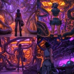 **cyberpunk mechanical snake den with writhing chrome snakes, neon purple and orange theme. cyberpunk woman standing in foreground with back to camera, holding a pilot helmet** - <@820024234734518302> (fast)