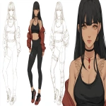 **concept art of female anime character, realistic proportions, attractive influencer type athletic build, long straight black hair, detailed amber anime eyes, athletic shapewear leggings with thigh high sandles and straps, sport jacket over sleeveless black halter top, choker necklace with a small red jewel and emblem, subtle tattoo of a butterfly dragon, two tone shading, professional lineart and character design sheet for animated series, prominent pose, thick thighs save lives --ar 5:3** - Image #1 <@299714843269791752>