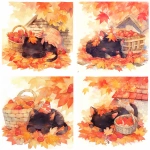 **a tiny chibi black cat wearing a birthday hat, peacefully sleeping in a pile of red and orange maple leaves, next to a basket full of strawberries, cozy and cute atmosphere, soft watercolor textures, children's book illustration style, warm autumn tones, gentle lighting, simple composition --niji 6** - Variations (Strong) by <@762679659153850410> (relaxed, stealth)