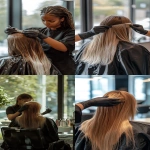 **Hyper-realistic image of a 30-year-old North African woman working as a hairdresser, wearing a black stylist blouse and gloves. She is carefully applying blonde dye to the long hair of a female client, who is seen from the back. The scene is set inside a modern, well-lit hair salon with minimalist decor and clean surfaces. Natural daylight floods the space through large windows, creating soft reflections and realistic shadows. The focus is on the concentration of the hairdresser and the blonde dyeing process. High definition, high resolution. --ar 9:16 --v 6.1** - <@1277569890588557353> (fast)