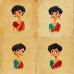 **Pixar Disney style flat 2D procreate textured art of an Indian tall woman with short hair , dressed in a saree and earrings. The style should have clean outlines, and subtle textured shading to give it a hand-painted feel.** - Variations (Strong) by <@748085296171843676> (turbo)