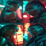 **realistic cyberpunk black female, at night, with neon lights in the background, red and turquoise. Strong light from above, on the face. High contrast. The female is looking towards the camera 3/4 view, she has braids, glowing eye cyber gear and an ear piece --ar 9:16 --v 7.0** - <@1174469651695144981> (fast)
