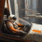 **A pilot in an orange and white spacesuit sitting inside the cockpit of their spacecraft, with other spacecraft parked outside on metal walkways surrounded by tall buildings, in the style of Craig Mullins. --ar 51:64 --v 6.1** - Upscaled (Creative) by <@264129597782753313> (fast)