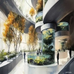 **<https://s.mj.run/J481k19R0sY> <https://s.mj.run/Nlu3ItpiLmk> <https://s.mj.run/5Zwnb5PDQNM> an illustration using black pen and watercolour, loose sketchy watercolor and black pen illustration of a futuristic healthcare waiting room a multi storey vertical farm on one side , plants grows with tanks of fish above them , the space which is filled with trees, the noerthern lights are present at the high ceiling to individual wellness pods, zaha hadid organic futuristic architecture highly detailed, unique, many people in the space --ar 16:9 --v 6.1 --s 250** - Image #3 <@999895176619237436>